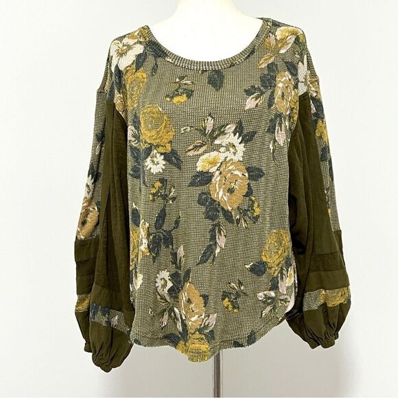 Free People Flower Patch Thermal Waffle Top S Army Green Rare Color Boho Loose - Picture 5 of 12